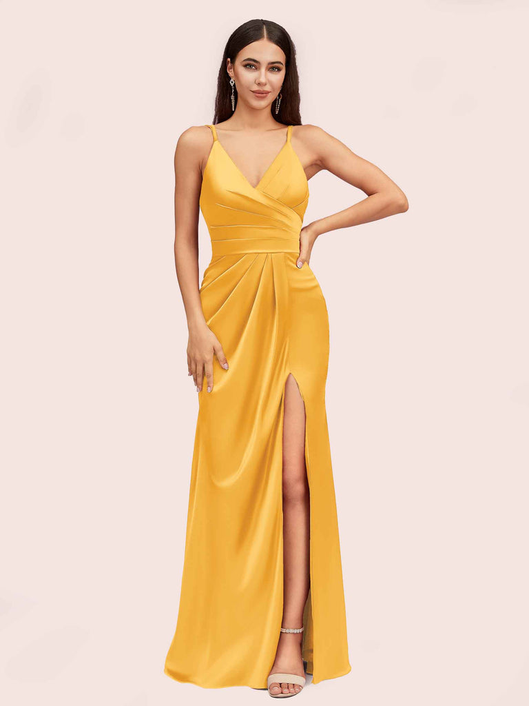 Sexy Spaghetti Straps V-neck Long Silky Soft Satin Bridesmaid Dresses With Slit