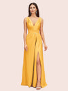 Sexy V-neck Long Side Slit Silk Satin Evening Prom Dresses Online