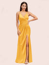 Sexy Spaghetti Straps V-neck Long Silky Soft Satin Formal Prom Dresses With Slit