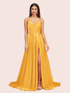 Elegant A-line Spaghetti Straps Long Silky Satin Evening Prom Dresses With Slit