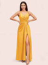 Modern Spaghetti Straps V-neck Side Slit Long Satin Party Prom Dresses With Slit