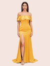 Elegant Soft Satin Off Shoulder Long Mermaid Graduation Prom Dresses With Slit