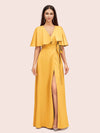 Elegant Bat Sleeves V-neck Side Slit Long Soft Satin Bridesmaid Dresses