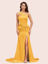 Sexy Mermaid One Shoulder Long Soft Satin Side Slit Formal Prom Dresses Online