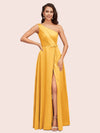 Elegant One Shoulder Side Slit Long Soft Satin Party Prom Dresses 2023