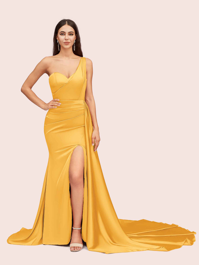 Sexy Mermaid One Shoulder Long Soft Satin Side Slit Bridesmaid Dresses Sexy Mermaid One Shoulder Long Soft Satin Side Slit Bridesmaid Dresses