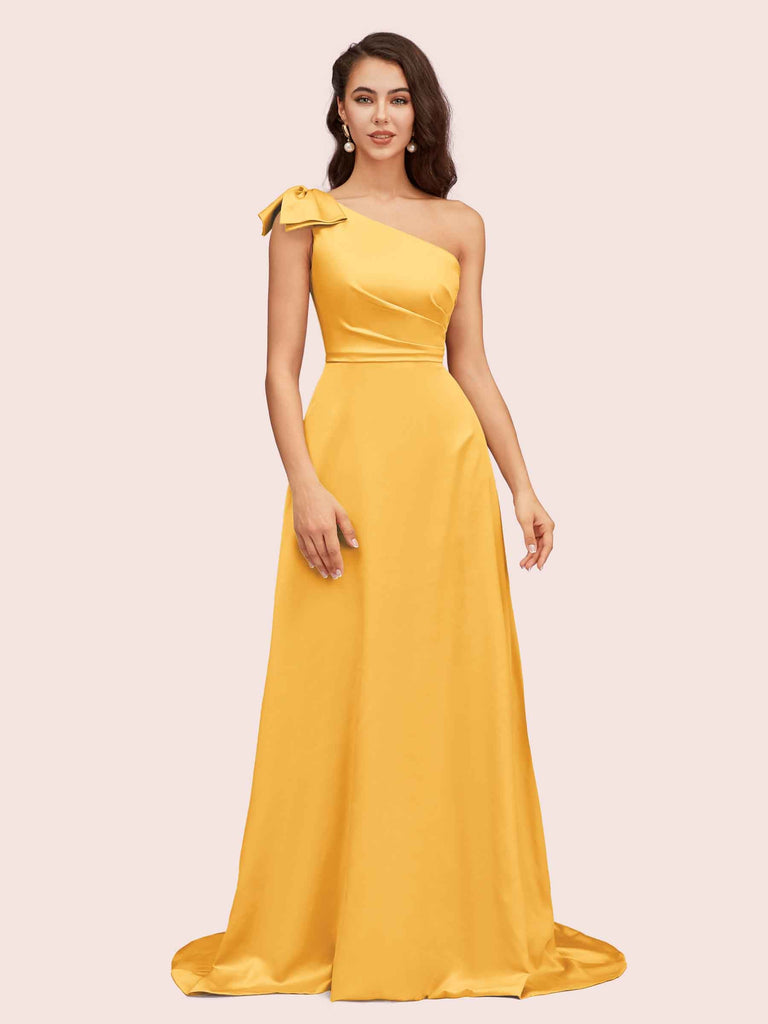 marigold satin bridesmaid dresses Marigold Yellow Bridesmaid Dress Sheath/Column Spaghetti Straps V-Neck Floor Length Chiffon Bridesmaid Dresses with Slit