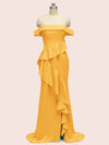 Sexy Off Shoulder Ruffles Long Soft Satin Party Prom Dresses With Slit