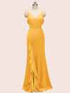 Sexy Mermaid Spaghetti Strap V-neck Long Soft Satin Prom Dresses With Slit