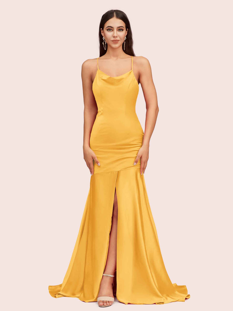 Sexy Backless Mermaid Spaghetti Straps Long Soft Satin Prom Dresses With Slit