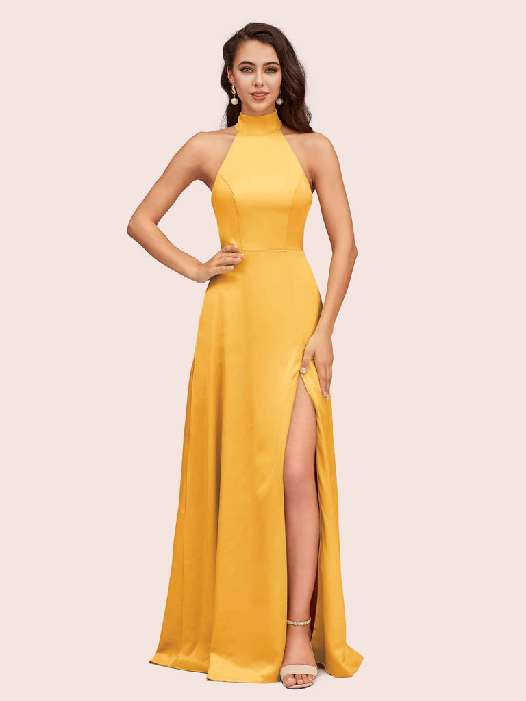 Elegant A-line High Neck Long Side Split Long Soft Satin Bridesmaid Dresses For Sale Elegant A-line High Neck Long Side Split Long Soft Satin Bridesmaid Dresses For Sale