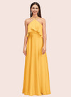 Elegant A-line Halter Sleeveless Long Soft Satin Bridesmaid Dresses Online
