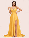 Elegant A-line Spaghetti Straps Long Soft Satin Party Prom Dresses With Slit