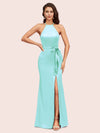 Sexy Mermaid Halter Long Silky Satin Party Prom Dresses With Slit