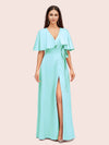Elegant Bat Sleeves V-neck Side Slit Long Soft Satin Party Prom Dresses 2023