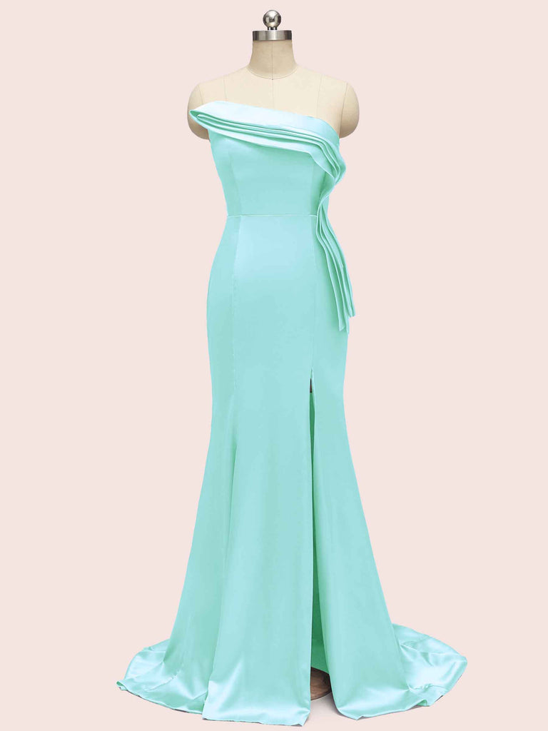 Elegant Strapless Side slit Mermaid One Shoulder Long Soft Satin Bridesmaid Dresses