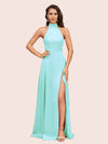 Elegant A-line High Neck Long Side Split Long Soft Satin Bridesmaid Dresses For Sale