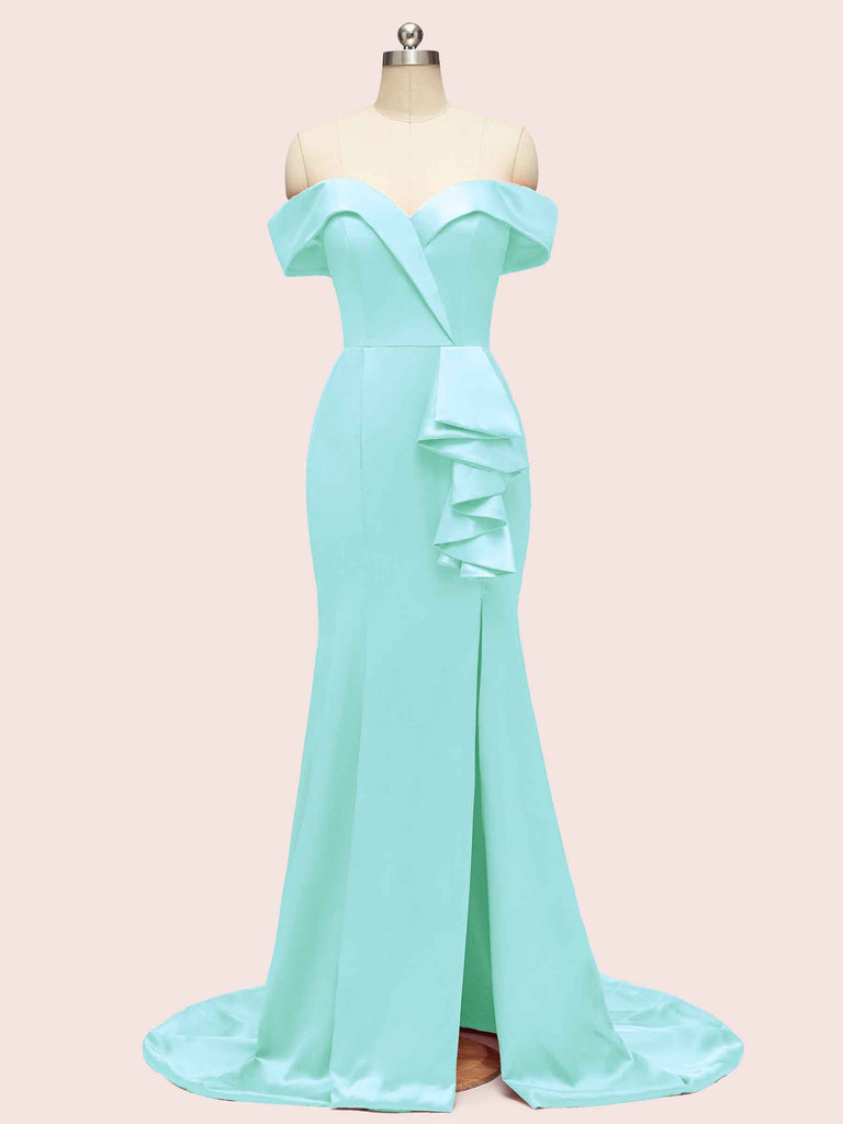 Elegant Off Shoulder Mermaid Long Soft Satin Bridesmaid Dresses 2023