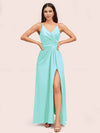 Modern Spaghetti Straps V-neck Side Slit Long Satin Bridesmaid Dresses With Slit