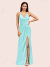 Sexy Spaghetti Straps V-neck Long Silky Soft Satin Formal Prom Dresses With Slit