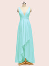 High Low Sleeveless V-Neck A-Line Unique Soft Satin Bridesmaid Dresses Online
