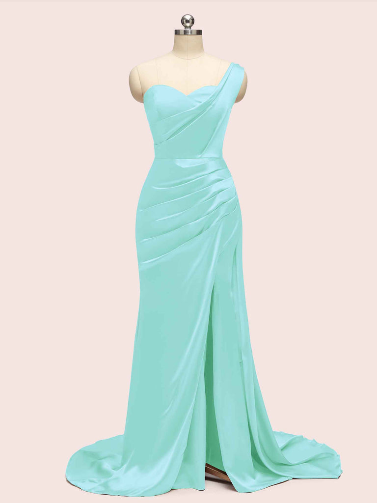 Sexy One Shoulder Long Soft Satin Mermaid Bridesmaid Dresses With Slit