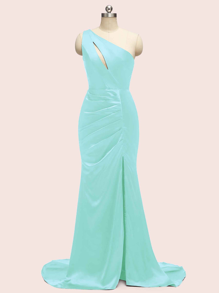 Sexy Mermaid One Shoulder Long Soft Satin Formal Prom Dresses With Slit