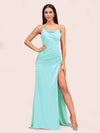 Sexy Spaghetti Straps Mermaid Long Soft Satin Graduation Prom Dresses With Slit