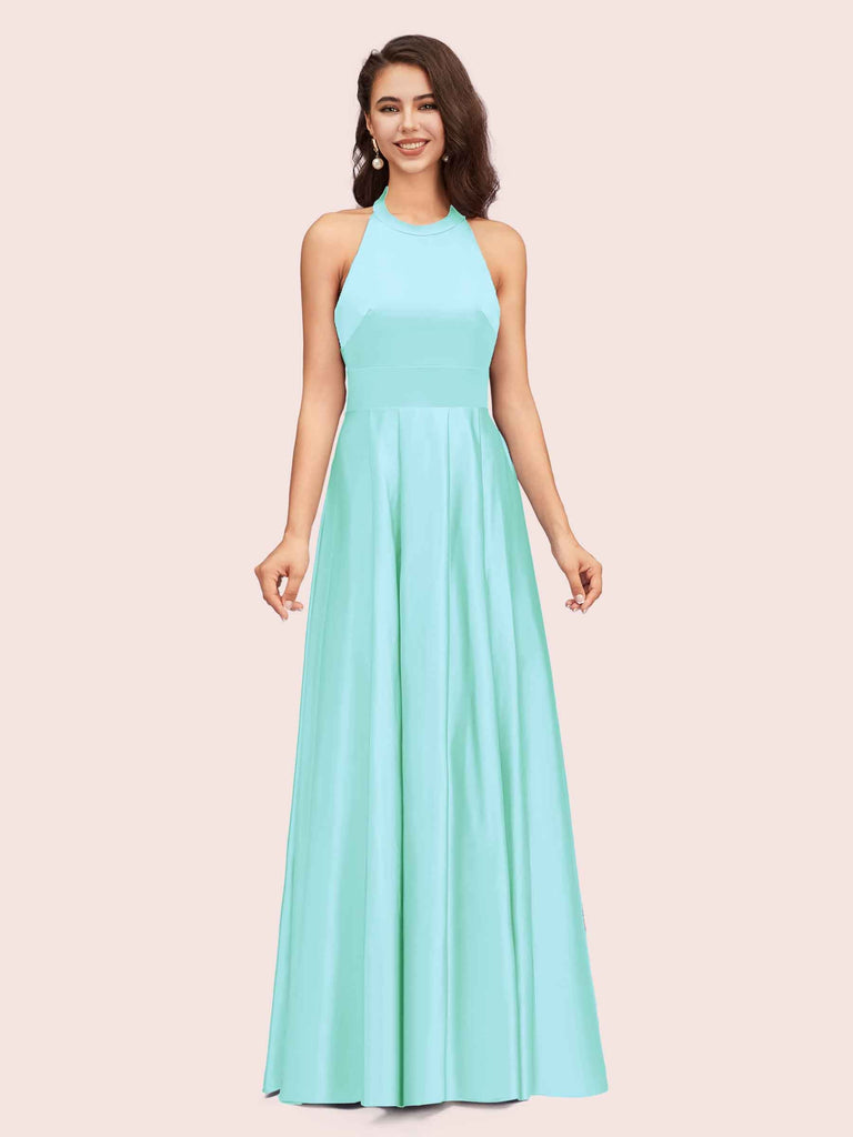 Sexy Backless Halter Simple Long Satin Graduation Prom Dresses With Bow Sexy Backless Halter Simple Long Satin Graduation Prom Dresses With Bow