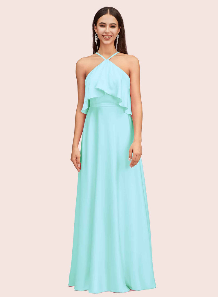 Elegant A-line Halter Sleeveless Long Soft Satin Bridesmaid Dresses Online Elegant A-line Halter Sleeveless Long Soft Satin Bridesmaid Dresses Online