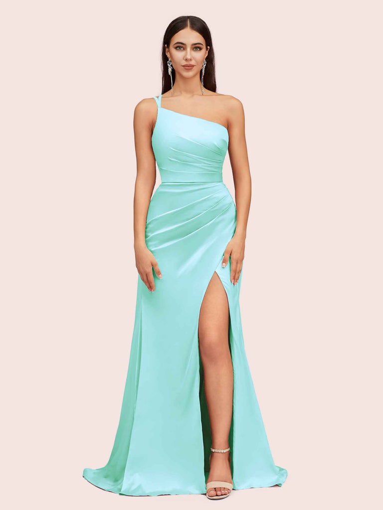 Sexy Soft Satin One Shoulder Side Slit Silky Long Mermaid Prom Dresses Online