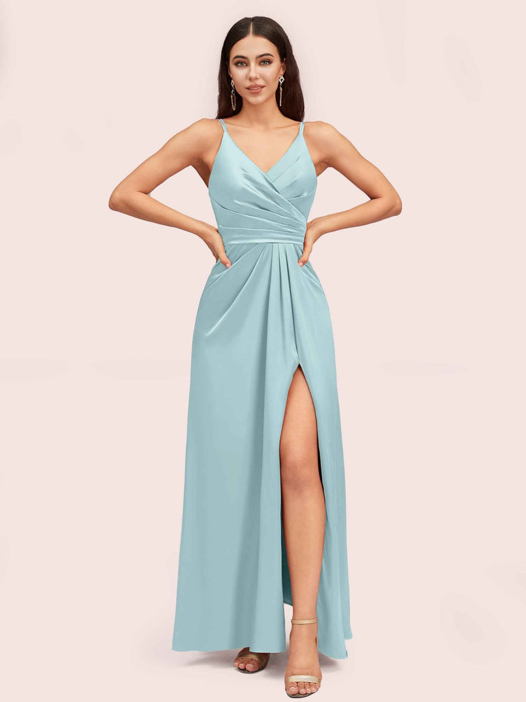 Modern Spaghetti Straps V-neck Side Slit Long Satin Party Prom Dresses With Slit