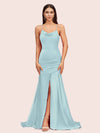 Sexy Backless Mermaid Spaghetti Straps Long Soft Satin Prom Dresses With Slit