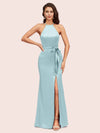 Sexy Mermaid Halter Long Silky Satin Party Prom Dresses With Slit