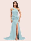 Sexy Mermaid One Shoulder Long Soft Satin Side Slit Bridesmaid Dresses Online For Sale