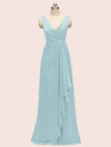Elegant V-neck Floor Length Long Soft Satin Bridesmaid Dresses With Slit