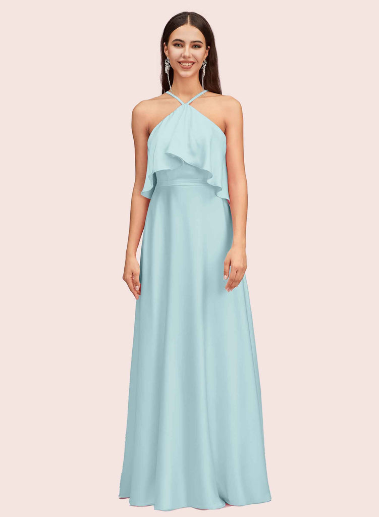 Elegant A-line Halter Sleeveless Long Soft Satin Bridesmaid Dresses Online