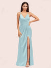 Sexy Spaghetti Straps V-neck Long Silky Soft Satin Formal Prom Dresses With Slit
