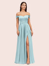 Sexy Off Shoulder Side Slit A-Line Long Soft Satin Bridesmaid Dresses Online