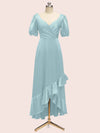 Beautiful Short Sleeves V-Neck Soft Satin Cheap Short Bridesmaid Dresses