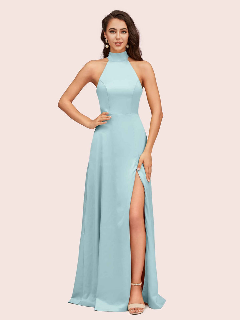 Elegant A-line High Neck Long Side Split Long Soft Satin Bridesmaid Dresses For Sale Elegant A-line High Neck Long Side Split Long Soft Satin Bridesmaid Dresses For Sale