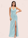 Sexy Spaghetti Straps V-neck Long Silky Soft Satin Bridesmaid Dresses With Slit