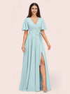 Elegant A-line V-neck Short Sleeves Long Bridesmaid Dresses With Slit