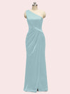 Elegant One Shoulder Long Soft Satin Mermaid Evening Prom Dresses With Slit