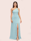 Simple Silky Satin One Shoulder Long Side Slit Bridesmaid Dresses Online