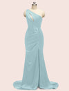 Sexy Mermaid One Shoulder Long Soft Satin Formal Prom Dresses With Slit