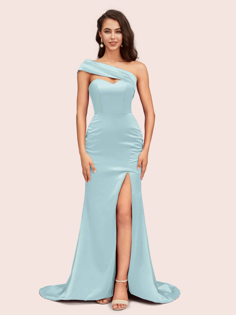 Sexy Mermaid One Shoulder Long Soft Satin Bridesmaid Dresses With Slit For Sale