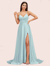 Elegant A-line Spaghetti Straps Long Soft Satin Bridesmaid Dresses With Slit For Sale