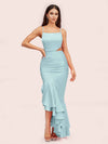 Sexy Unique Mermaid Spaghetti Straps Asymmetrical Soft Satin Formal Prom Dresses