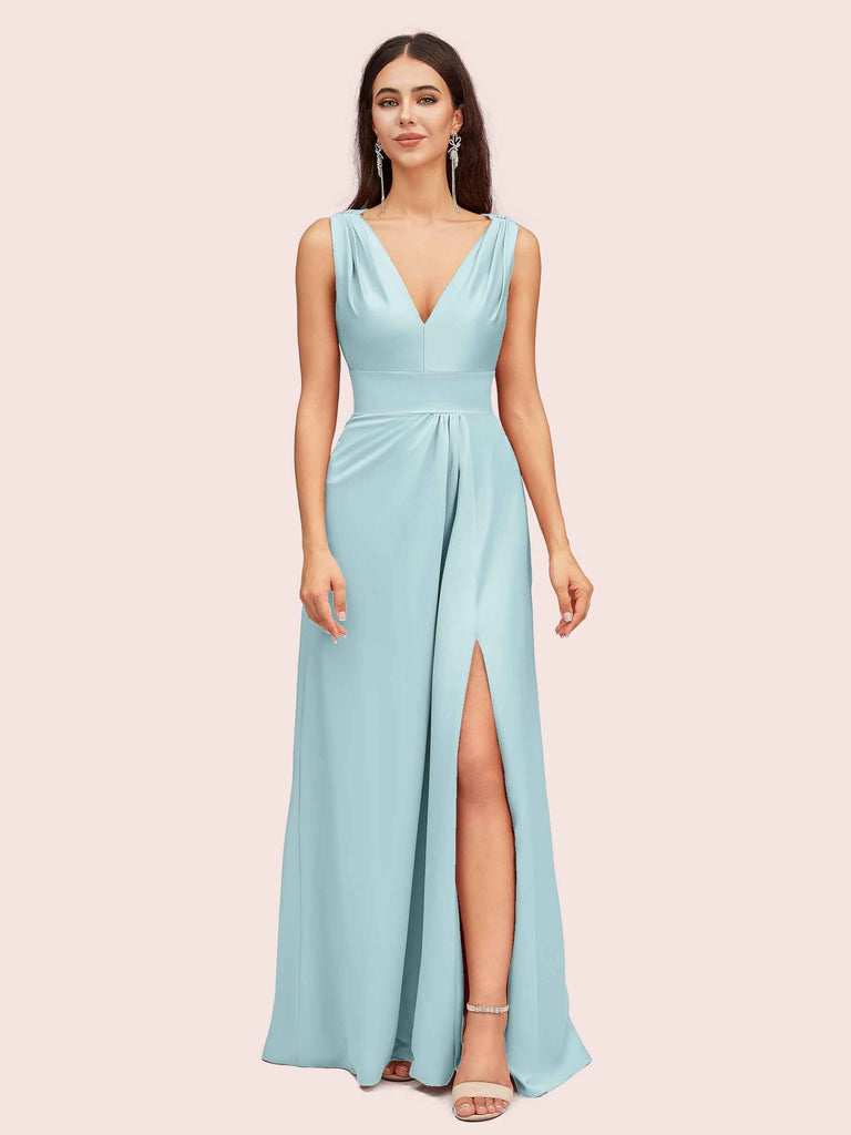 Sexy V-neck Long Side Slit Silk Satin Evening Prom Dresses Online Sexy V-neck Long Side Slit Silk Satin Evening Prom Dresses Online